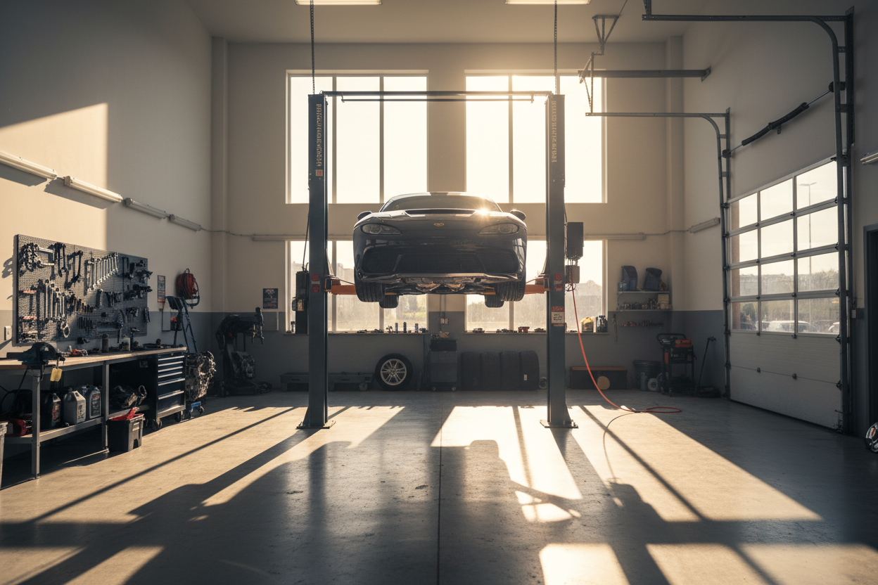generate an image of a car lift inside a garage, sunny day