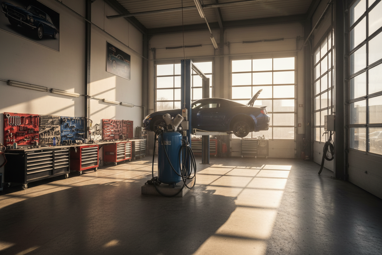 generate an image of an air compressor and a car lift inside a garage sunny day